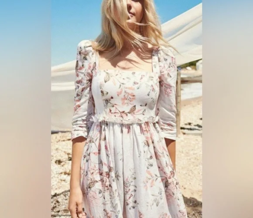 Cara Cara Blue Hill Tiered Linen Floral Midi Dress Size 12 - Picture 3 of 12