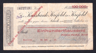 Krefeld Städtische Sparkasse / Kreisbank 100.000 Mark 18.7.1923