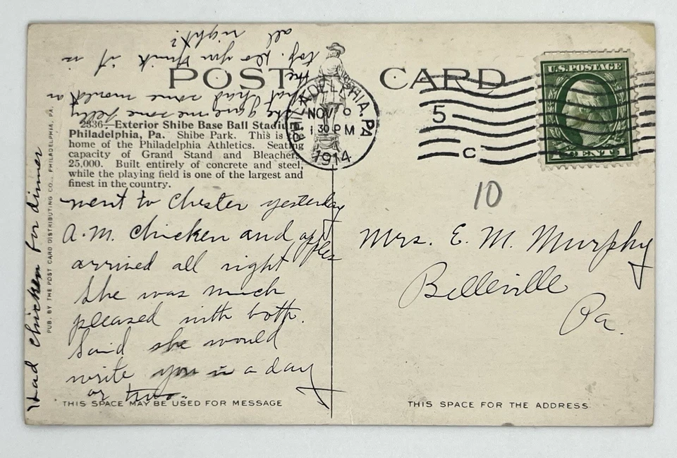 1914 Shibe Park - Estadio de béisbol de atletismo de Filadelfia - Postal, enviada por correo Foto 3 de 4