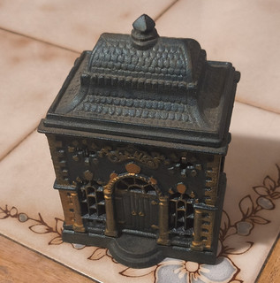 Cast Iron Building House Still Coin Bank w/ Coin Slot Bottom Door
