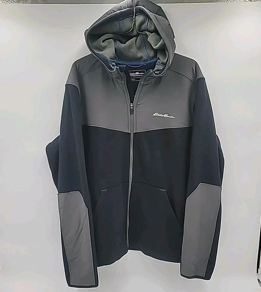 Eddie Bauer Mens L Full Zip Outdoor Hoodie Spring Jacket Black Gray FREEHEAT