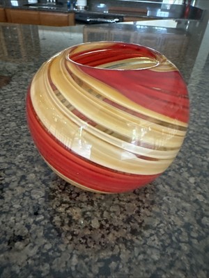 NEW Diamond Star Large Round Hand Blown Red Yellow Globe Vase W/ Swirled Design