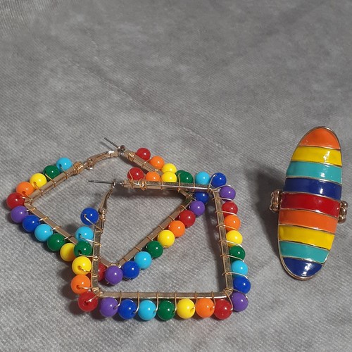Juego de pendientes arco iris y anillo trasero elástico pendientes con cuentas anillo de metal pintado - Imagen 11 de 11