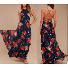 Lulus Adventure Seeker Navy Blue Rose Floral Strappy Maxi Dress Sz M