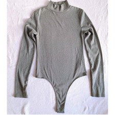 Streetwear Society Ribbed Mock Neck Bodysuit Sage Green Snap Thong M