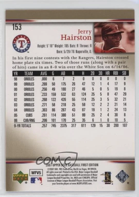 2007 Upper Deck First Edition Jerry Hairston Jr Jerry Hairston #153 - Image 2 of 2