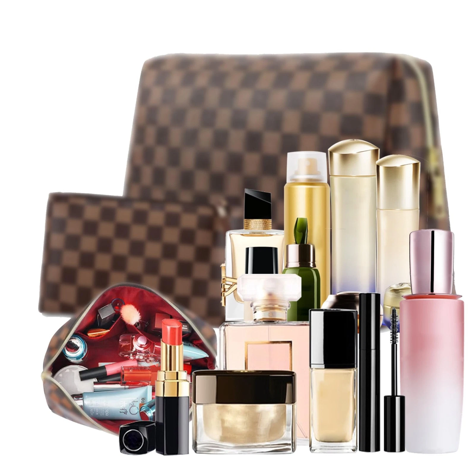 2 Pack Makeup Bag Set for Women, Large Brown Leather Cosmetic Bag + Small Zip...