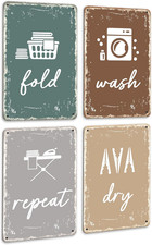 Laundry Room Metal Sign Decor Vintage Rustic Wall Art Wash Dry Fold Repeat Farmh