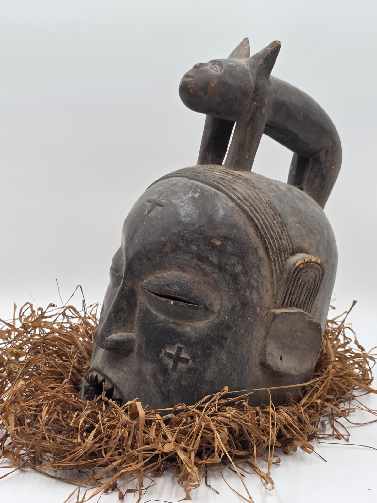 Authentic African Suku Tribal Helmet Mask Animal Totem – Congo Handcarved Wood