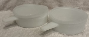 Vintage Ovenware Casserole Soup Bowls W/ Handles & Lids Milk Glass 14 Oz Usa