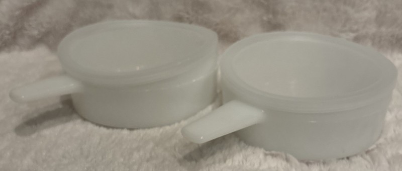 Vintage Ovenware Casserole Soup Bowls W/ Handles & Lids Milk Glass 14 Oz Usa