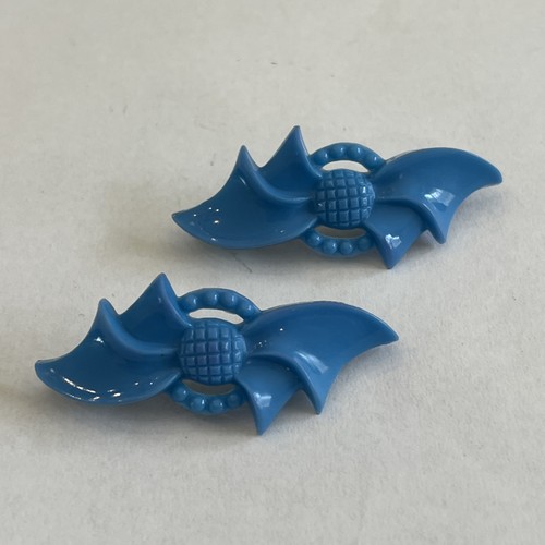 2 Vtg Plastic Bows Hair Barrettes Clips Accessory Metal Clasp Blue 2”W