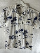MEN'S PALMWAVE BLUE White PRINT 100 COTTON HAWAIIAN SHIRT Small Free Ship