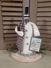 Handmade Primitive 9" Winter Christmas Snowman on Wood Base with Sign  Greenery