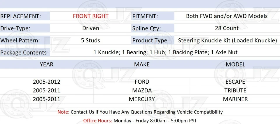 [DELANTERO DERECHO (cantidad 1)] Kit de nudillos de dirección cargados para SUV Mazda Tribute 2005-2011 Foto 2 de 4