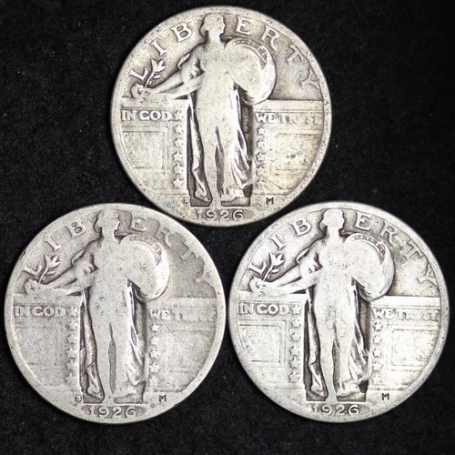 1926-PDS (3 pc Set) Standing Liberty Quarter Silver GOOD / VG FULL DATE FREE P/H