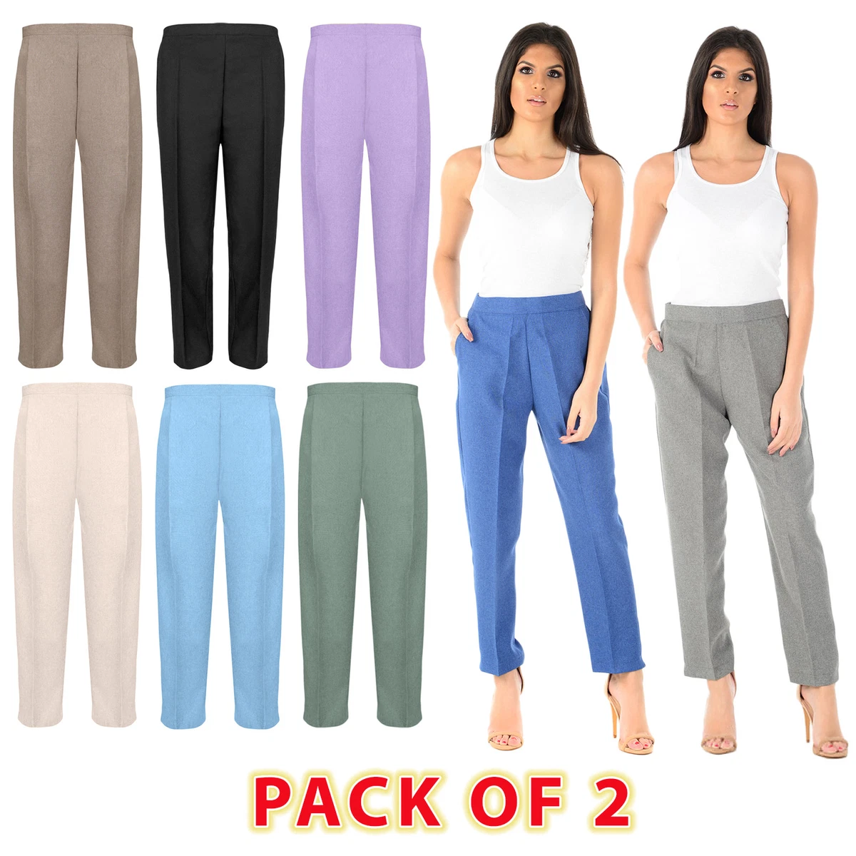 PACK OF 2 LADIES WOMENS HALF ELASTICATED WAIST TROUSERS WITH POCKETS PLUS  SIZES