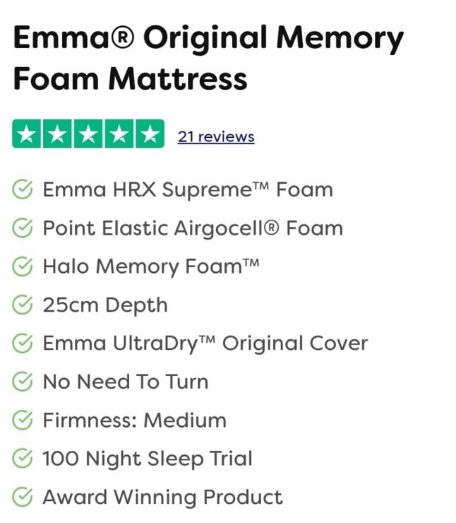 Emma Hybrid 25cm Super King Memory Foam Mattress EMAUH180200AAA