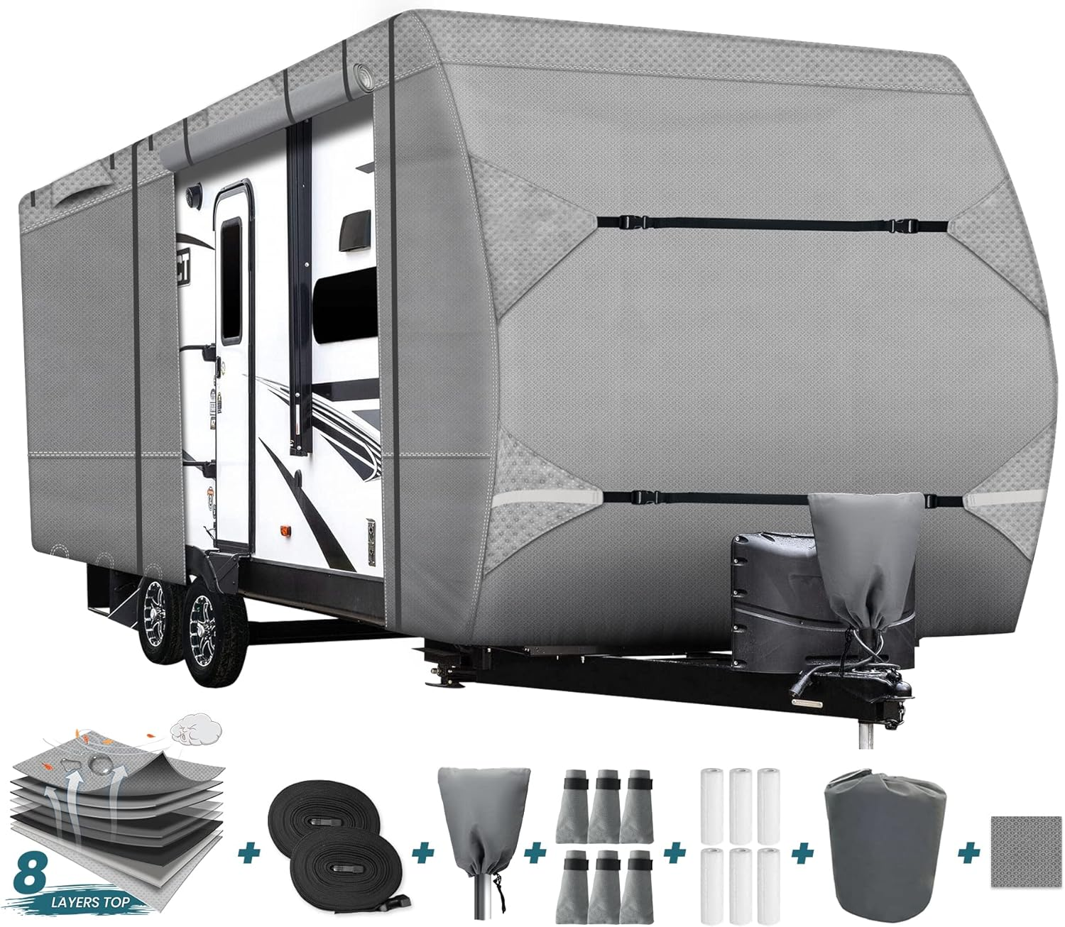 Heavy Duty RV Cover Toy Hauler 32Ft Waterproof 8 Layers Top Anti-Scratch Rip-Res