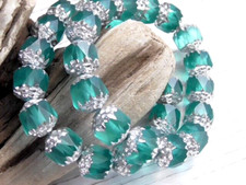 10 - 8mm CZECH MATTE TEAL BLUE FACETED CATHEDRAL GLASS BEAD METALLIC SILVER ENDS