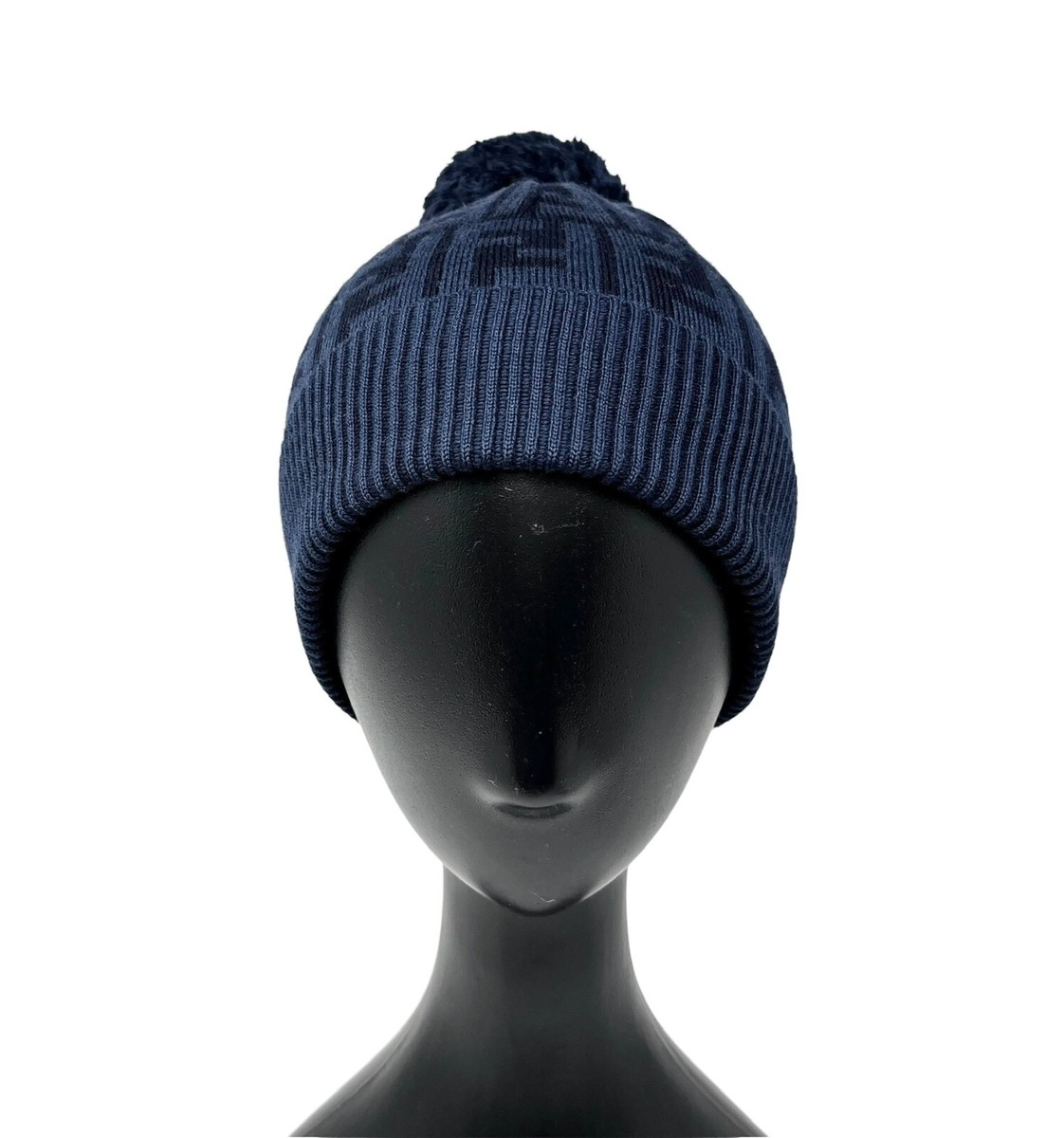 FENDI Vintage Zucca Monogram Logo Beanie Hat Knit Dark Blue Black