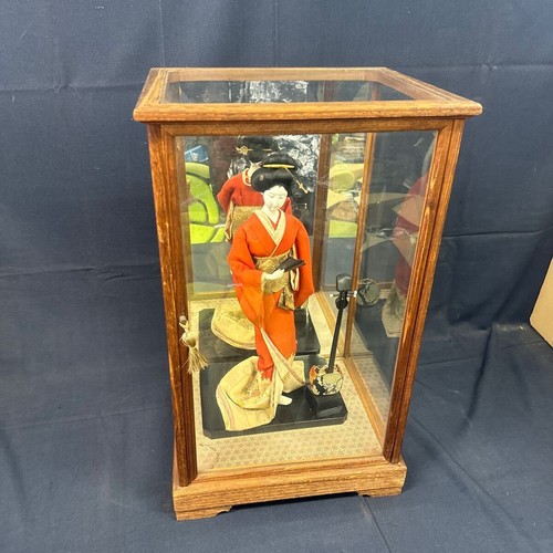 Antique Japanese Doll Female Kimono Fan Shamisen Back Mirror Glass Case