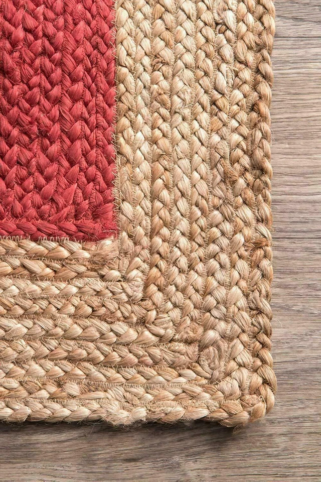 Square Rug Red Dye Rug Farmhouse Area Rug Hand Woven Rustic Look Natural Jute - Image 4 of 4