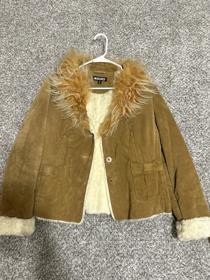 Chaqueta de cuero vintage XOXO con cuello de piel forrada para mujer talla XL tostada Y2K años 90 Foto 2 de 4