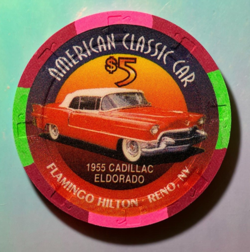 ⚡️❄️ Casino Chip OMG 😳 $5 Flamingo Hilton 1955 Cadillac Eldorado Reno⚡️❄️⚡️❄️ - Imagen 1 de 2