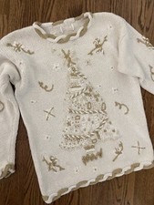 Vtg All White Christmas Tree Ugly Sweater Holy Grail With Gold Trim M L