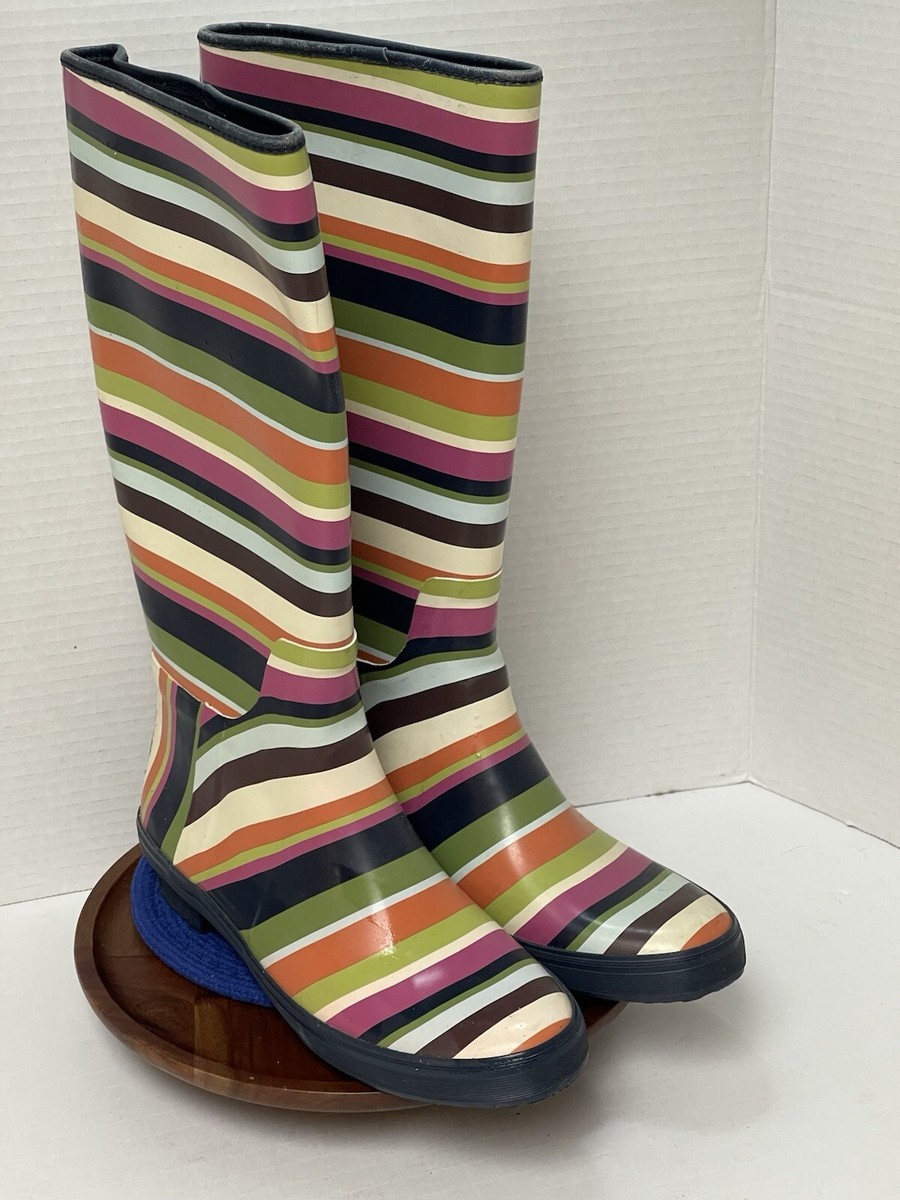 COACH Women's Pammie Rain Boots Size 7B Colorful Stripes Rubber Mid Calf  Slip On
