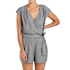 Toad Co Womens Gray Hemp Tencel Blend Wrap Front Belted Romper Size Medium