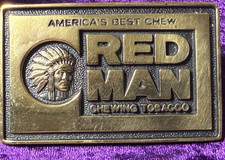 Vtg Red Man Belt Buckle 1981 Chewing Tobacco Solid Brass USA Western Cowboy