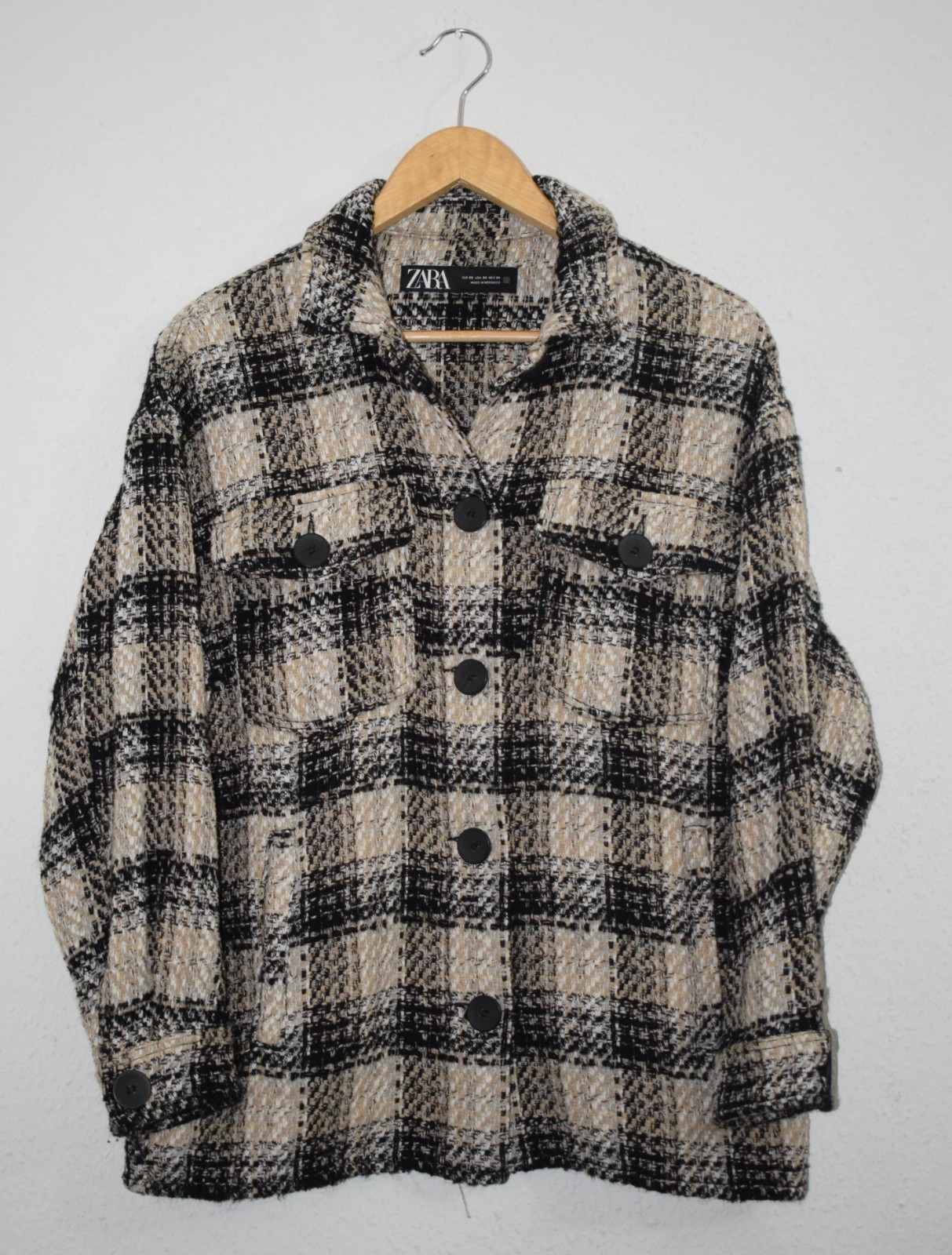 Zara Textured Plaid Overshirt - Black and Beige (Size XS) image 3