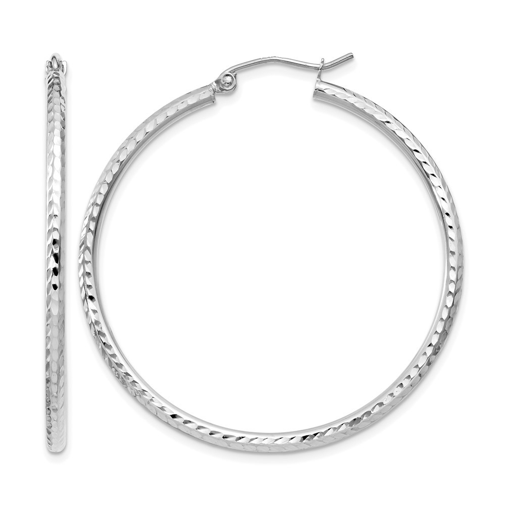14k White Gold Diamond-cut 2mm Round Tube Hoop Earrings L-40 mm, W-40 mm 1.76gm