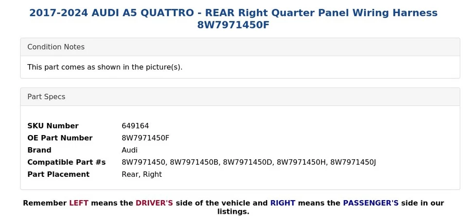 Audi A5 Quattro 2017-2024 - Arnés de cableado de panel cuarto derecho trasero 8W7971450F Foto 3 de 4
