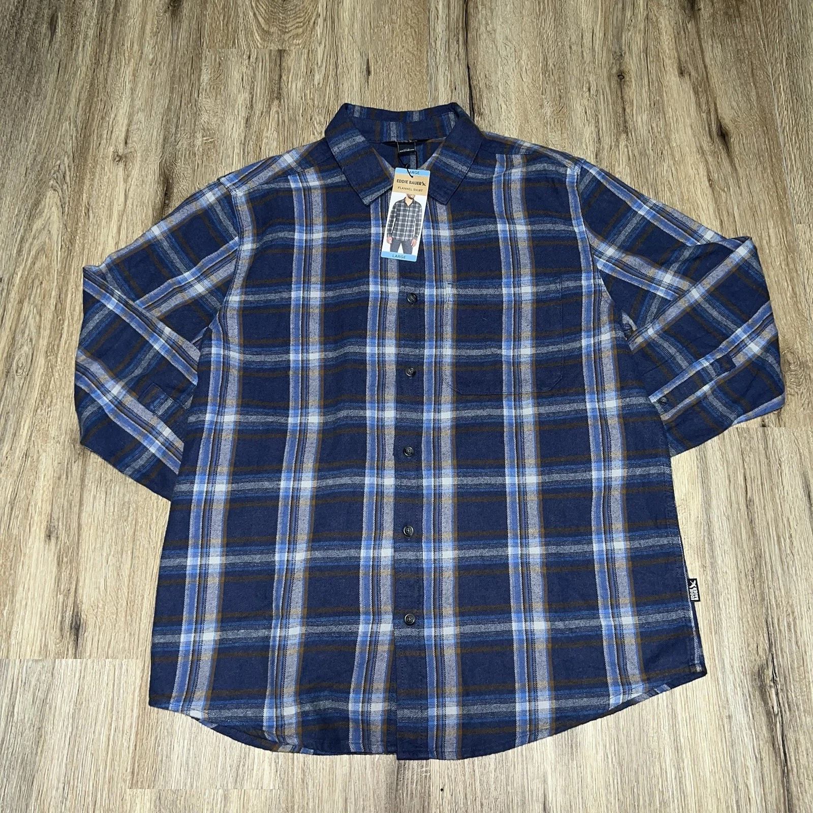 Eddie Bauer Flannel Plaid Shirt NWT Men’s Large Blue Fall Cotton Workwear Hiking