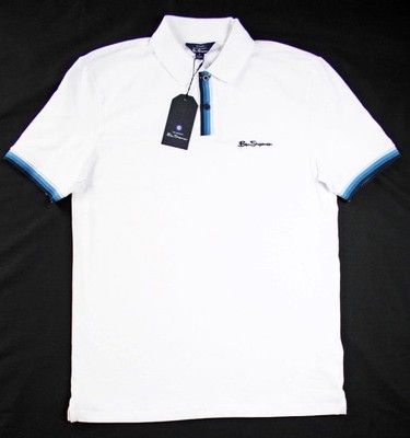 Ben Sherman Mens Polo Shirt S Short Sleeve Regular Fit Stretch White Blue Accent