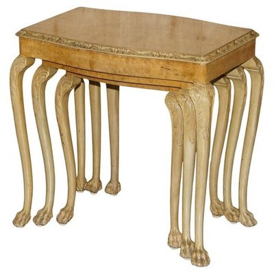 ART DECO 1930'S NEST OF THREE LIGHT BURR WALNUT TABLES WITH LIONS HAIRY PAW FEET