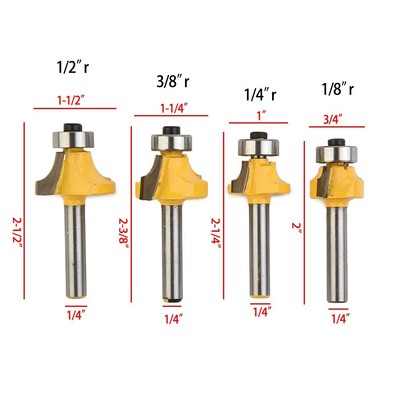 4pcs 1/4 Inch Shank Round Over Bead Edge Forming Router Bit 1/2 3/8 1/4 1/8