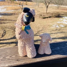 Set Of 2 Vintage Chalkware Plaster Composite Pink Easter Sheep Figures