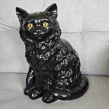 VINTAGE BLACK CAT HALLOWEEN DECOR Porcelain Ceramic Sculpture YELLOW GLASS EYES