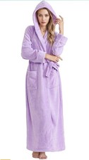Womens Fuzzy Plush Long Hooded Robe Full Length Flannel Fleece Bathrobe Warm-NWT