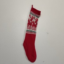 Vintage Knit Christmas Stocking Red White Green Reindeer Pattern Classic