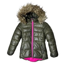 Michael Kors Girls Puffer Jacket 8 Green Pink Zipper Faux Fur Hood Logo Gold