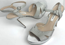 Nina Shara Platform Evening Sandal Pumps Size 7.5/37.5 Silver Glitter Strappy