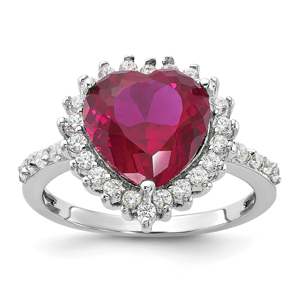 Sterling Silver Lab Created Ruby and White Cubic Zirconia Heart Halo Ring Size 8