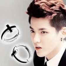 Men Women Sterling silver Hoop Black Enamel Cross Stud Earrings Gift box K39