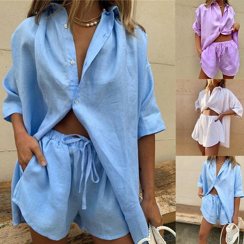 Casual Set Long Sleeve Shirt Top Mini Short Summer New Two Piece Tracksuit Womem - Picture 2 of 15