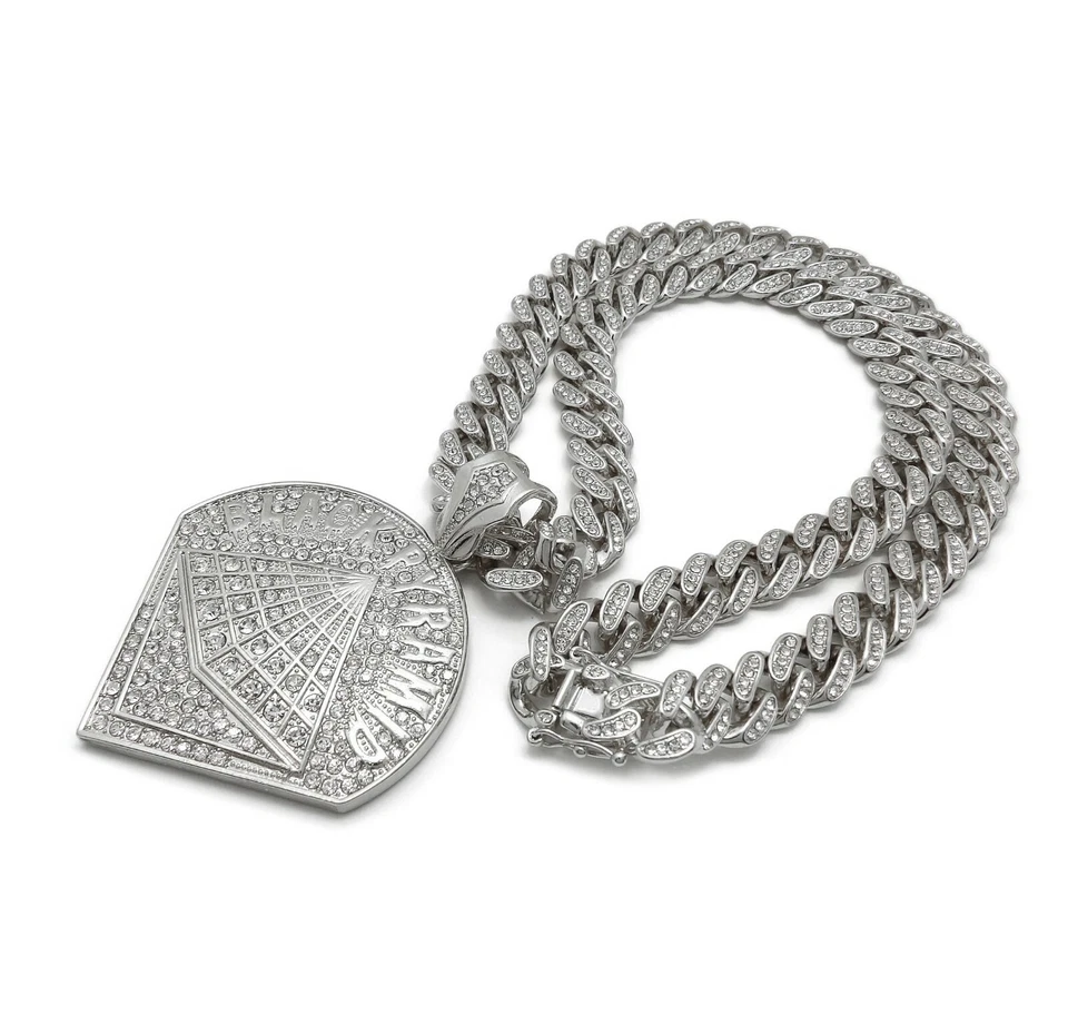 COLLAR CADENA ESLABÓN CUBANO PLATA COLGANTE CHRIS MARRÓN PIRÁMIDE NEGRA HELADA HIP HOP Foto 2 de 4
